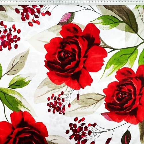 Textrend, tela de algodón, tela para coser, 100% algodón, motivo floral, tela 1x1,6m, tela por metros, patchwork, patchwork (Grandes rosas rojas sobre fondo blanco)