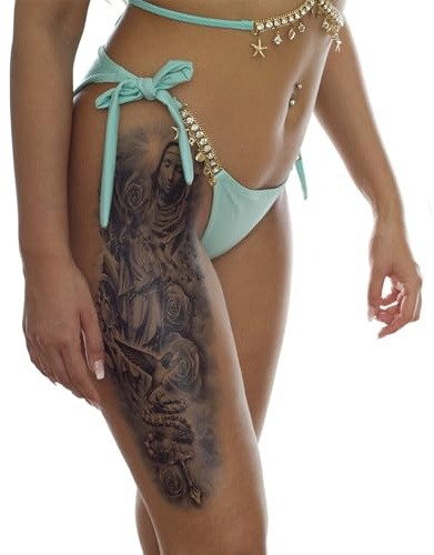 1 x XXL Mythologie Tattoo in Farbe - Schwalben, Rose, Rosenkranz - Temporary Body Tattoo - QKM002 (1)