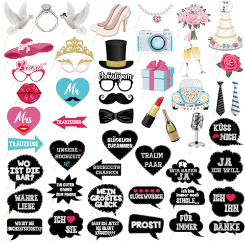 Lemicin 50 Stück Fotobox Accessoires Hochzeit Fotoautomat Requisiten Deutsch Sprüche Photo Booth Partybrillen Hut Krawatte für Hochzeit JGA Partydeko Hochzeitbilder
