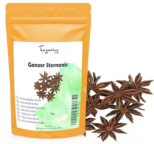 1kg Anice Stellato Intero - Badiane - Aroma & Gusto Intenso - Infuso, Tè e Ricette Case - Selezione Prima Scelta - Illicium Verum - 100% Naturale | Qualità Superiore - TazainLTD