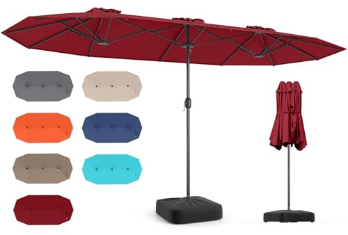 RELAX4LIFE Ombrellone Doppio da Giardino con Base, Ombrellone da Balcone con Apertura a Manovella, Tetti Ventilati, Parasole da Esterno per Patio, Cortile, Ristorante o Bar (Bordeaux, 393 x 198 cm)