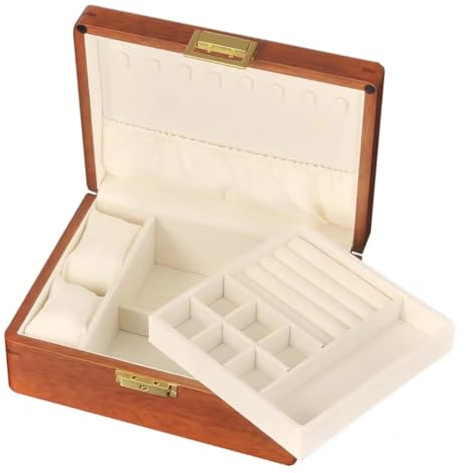 Bescott 2 Layer Solid Wooden Jewelry Box with Lock and Key for Women Men Vintage Velvet Wood Jewelry Organizer Storage for Earrings Rings Necklaces Bracelet Watch Mother’s Day Gift
