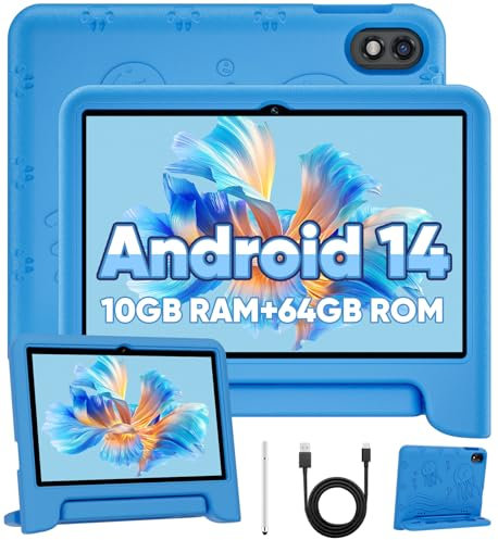 TUOHAITIME Tablet 10 Zoll Kinder Tablets, Android 14 Tablet für Kinder, Octa-Core, 10GB RAM 64GB ROM 1TB Karte erweiterbar, Elterliche Kontrolle, 6000mAh, WiFi, Bluetooth, Kleinkind Tablets (Blau)