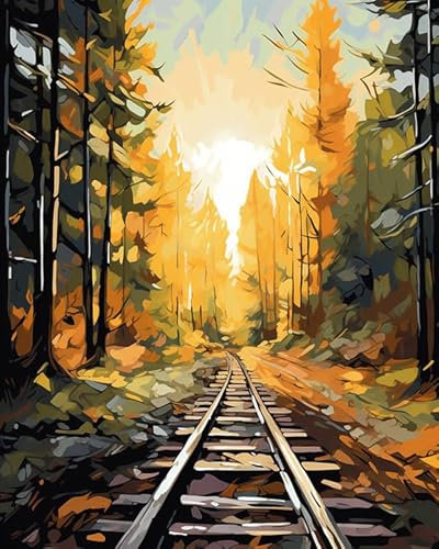 PIPISKY Malen-nach-Zahlen-Sets für Erwachsene und Kinder,Bahnstrecke durch Wald,DIY Ölgemälde Kunsthandwerk Malen nach Zahlen Leinwand für Wanddekoration,16x20Zoll ohne Rahmen