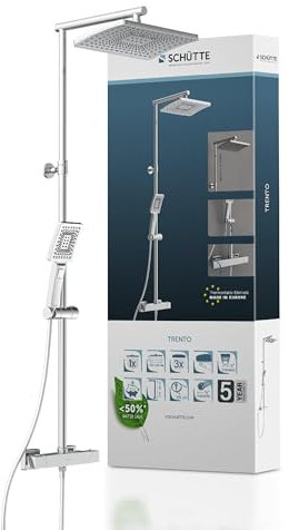 SCHÜTTE TRENTO 60140 - Sistema de ducha con termostato, juego de ducha con ducha de lluvia grande (32 x 20 cm) y ducha de mano ajustable, juego de ducha con barra de ducha, columna de ducha, panel de