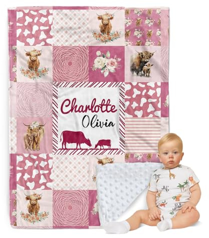 Personalisierte Babydecke - Individueller Name mit Tiermotiven Karo-Design - Patchwork Weiche Kuscheldecke mit Doppellagiger Gepunkteter Rückseite für Jungen Mädchen Geschenke Farbe25-Hochlandrind