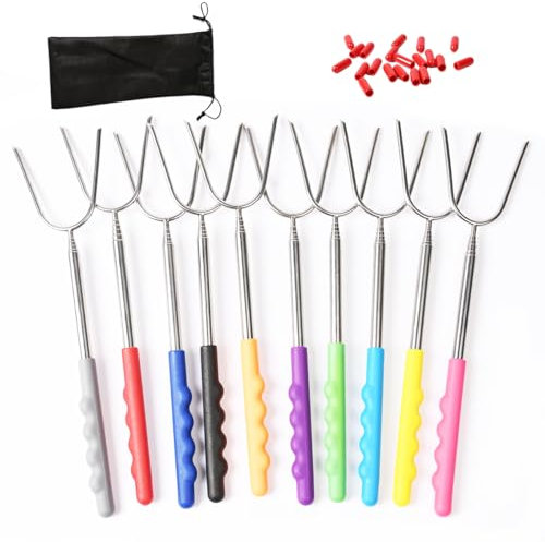 10 Stück Gabeln Grillgabeln, Bratstäbchen, Fleischgabel, dehnbar von 30 cm bis 115 cm, Grillgabel aus Edelstahl (10 Farben)