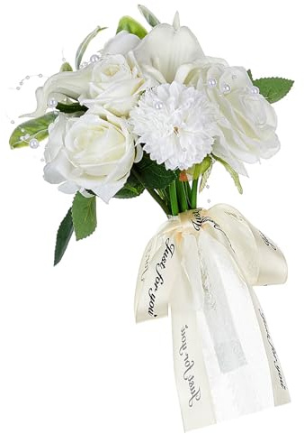 Zenlir Bouquet da sposa in tessuto setoso con rose e calle in seta bianca, decorazione per regali e decorazioni