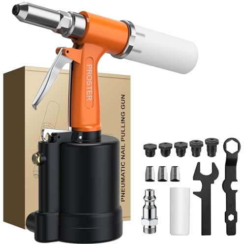 Proster Pneumatic Air Riveter for 2.4mm(3/32), 3.2mm (1/8), 4mm (5/32), 4.8mm (3/16), 6.4mm (1/4) Capacity Rivet 1780KGF Rivet Tool Pop Rivet Gun Set with 5 Types of Nozzles