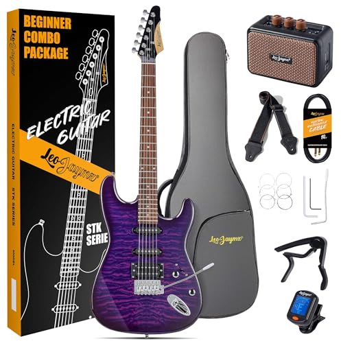 Leo Jaymz 39 Full Size ST Style Electric Guitar Starter Kit with SSH Pickup, 5W Portable Amp, Tuner, Gig Bag, Strap & Accessories (Violet Ocean)