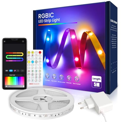 VKH LED Strip 5m, Upgrade RGB-IC LED Streifen mit App, Segmentcontrol, Farbwechsel, Musik Sync, LED Lichterkette für Party, Zuhause, Schlafzimmer, Gaming, Küche Deko