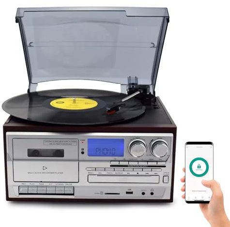 Vintage Phonograph - 3 Speed Adjustable Vinyl Record Player with Bluetooth, CD, Cassette, FM/AM Radio, And Built-in Speakers | Home Audio Record Players & Music Box,Natural