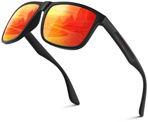 Wrimen Sonnenbrille Herren-Polarisiert-UV400 Blend Schutz-Mode-Retro-Unisex-Ultraleicht-Sonnenbrillen-Klassisch Rechteckig-Outdoor Sport Brille für Fahren Reise Angeln Rot