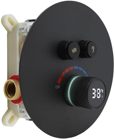 Delnet Round Concealed Mixer for Shower, Dual-Function Shower Valve with Digital Display, Can Use All Options at A Time, Solid Brass, Matte Black