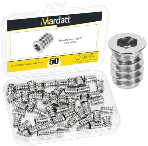 Mardatt Lot de 50 inserts filetés M6 x 15 mm, en acier au carbone nickelé argenté, kit d'inserts filetés hexagonaux, insert en bois, vis dans écrou, connecteur de fixation pour meubles en bois