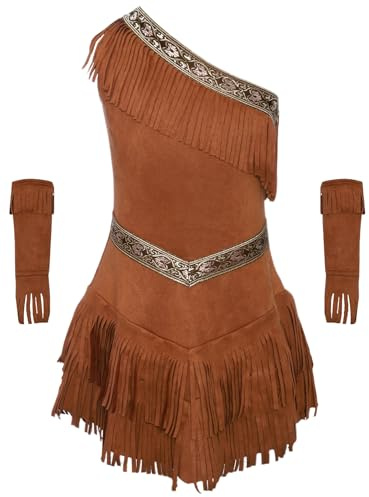 Mufeng Indisk prinsessa, barn, flicka, fransklänning, med pannband, indiankläder, cosplay, halloween, brun, 15–16 år