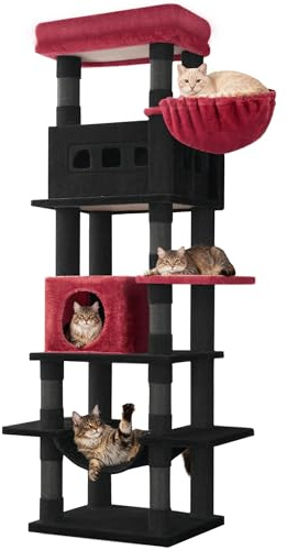 Hzuaneri Kratzbaum Groß, 170 cm Hoch, Katzenbaum, 8 Kratzbäume, Schwarz Rot | mit 2 Höhlen, Groß Plattformen, Waschbare Matte, Hängematte, Plüschbälle, Mehrstöckiger Katzenkratzbaum, MS17018BK