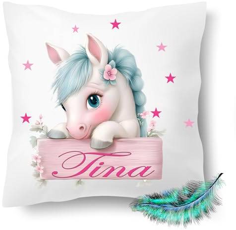 Print Deluxe Personalisiertes Kissen Pferd mit Wunschnamen bedrucktes Kissen,Geschenk| Kuschelkissen| Fotokissen | Motivkissen | Kissenhülle +Füllung | 40x40cm (ohne Kissenfüllung)