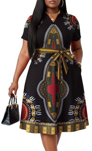FANDEE Plus Size Casual Dresses - V Neck Summer Ankara African Print Pattern A-Line Midi Dress for Curvy Women, Black XL