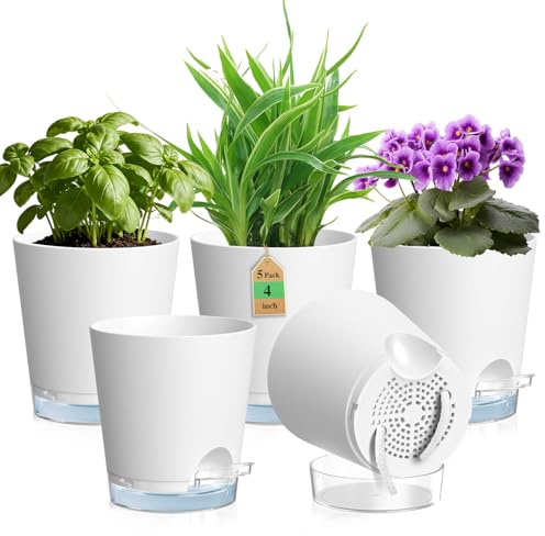 WSMKSZ 10.2 cm Self Watering Plant Pots Indoor, 5 Pack Thick Plastic Flower Pots with Clear Reservoir, Visible Water Level & Drainage Holes, Small Nursery Pots with Cotton Wick for House Plants, White