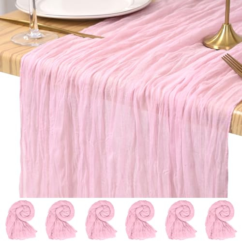 Lot de 6 Chemins de Table en Étamine, Chemin de Table Bohème en Gaze de 45 x 275 cm, Tissu Rustique en Gaze pour Mariages Festivals Remises de Diplôme Dîners Fêtes en Plein Air (Rose Clair) | Chemin de table en gaze rustique - Style bohème - Semi-transparent - Pour mariages, banquets, fêtes