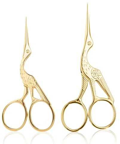 Stickschere, kleines Bastelset, 2 Stück, Vintage-Storch-Design, scharfe Edelstahl-Stofffaden, Nähschere, Präzisions-Handarbeit, Stickschere für Kreuzstich, DIY (Gold, 9,1 cm & 11,4 cm)