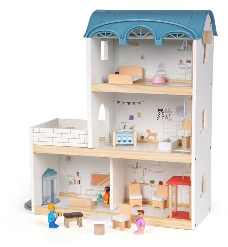 Dockhus i trä för barn, 3-våningar trädockhus lekset med möbler, tillbehör och 3 leksaksfigurer, gör-det-själv låtsas lekhus för småbarn, flickor och pojkar, miniatyrdockhus med balkonggåva