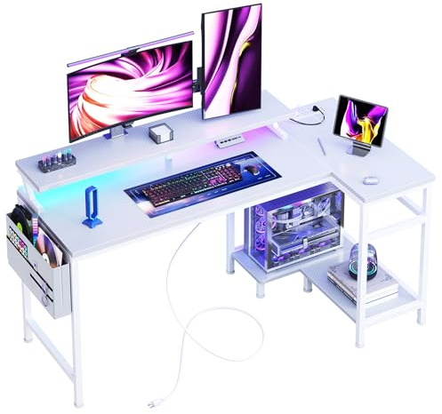 DUMOS Gaming Desk, Computer Desk with USB Charging Ports, Power Outlets, Type-C and LED Lights, Reversible L Shaped Desk with Storage Shelves & Monitor Stand for Office Gaming Room White 48IN