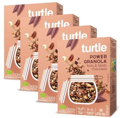 Turtle Cereal – Power Granola Nuts & Seeds Chocolate High Protein 21g No Oats 350g (Pack of 4) | Gluten Free Granola, Low Sugar, High Fibre 8.4g, Natural Ingredients | Better Breakfast