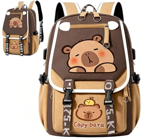 YskerrigToy Capybara Barnryggsäck, Tecknad Skolryggsäck Avslappnad Lätt Elementär Ryggsäcksväska, Justerbara remmar Stor Kapacitet Laptop Ryggsäck Gåva, Bokväska - Café