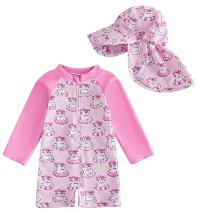 JiAmy Ropa UV para bebé, traje de baño para niñas, protección para niños pequeños, traje de baño de una pieza, traje de baño, ropa de protección con sombrero para el sol, 3-24 meses, Rosa., 0-3 meses