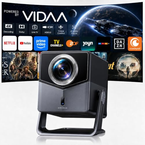 Beamer 4K [Schnellste VIDAA OS] Kompatibel mit Netflix & Dolby Audio, 1400ANSI 1080P Smart Beamer Heimkino Autofokus Trapezkorrektur, WiFi 6 & Bluetooth 5.4, 200°Drehbar Tragbarer Outdoor Projektor