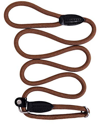 lionto Retrieverleine robust und wetterfest für Hunde Aller Größen, schnell anzulegende Hundeleine und Halsband in Einem, 170 cm, fellschonende Führleine mit integriertem Zugstopp, vegan, braun