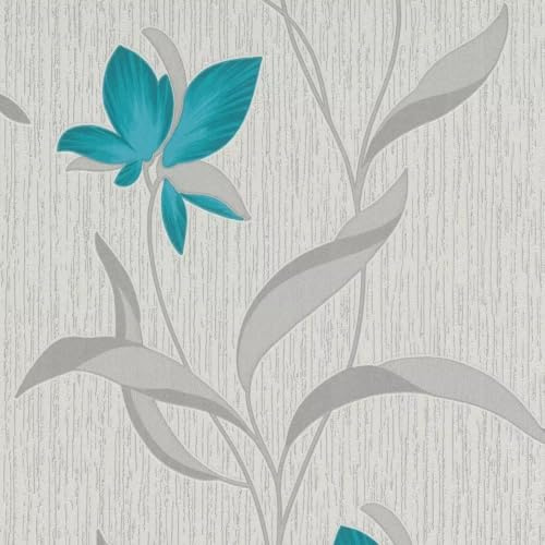 Erismann Flower Wallpaper Floral Textured Glitter White Teal Silver Vinyl