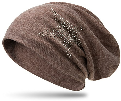 Caspar MU153 Slouch Beanie Mütze Longbeanie mit Strass Stern und warmem Flanell Stoff