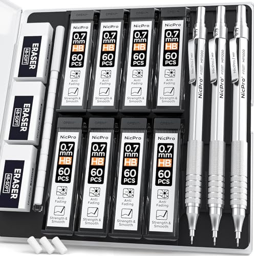 Nicpro 3 Stücke 0,7 mm Druckbleistifte Set mit Etui, Automatische Metall Mechanische Stifte, 6 Dosen HB Bleistiftminen, 3 Radiergummis für Schreiben, Engineering Zeichnen, Skizzieren