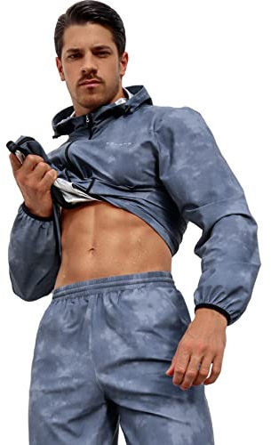 GALCHE Traje de sauna para hombre, sudadera con pérdida de peso, sauna, pantalón de 2 piezas, conjunto de gimnasio, entrenamiento, sudor, ropa de boxeo, Azul / Patchwork, Small