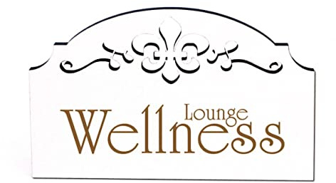 Wellness Lounge Schild Holz selbstklebend Ornamente Türschild weiß Vintage Spa Sauna Türdeko 15,5 x 9,5 cm