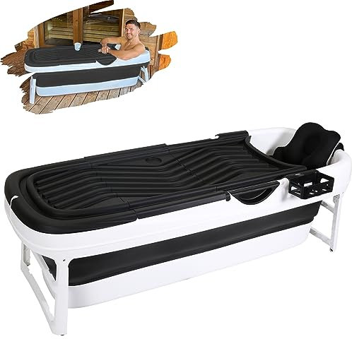 CRS - Vasca da bagno pieghevole per adulti XXL Black Line, 158 x 60 x 53 cm + cuscino per vasca da bagno mobile pieghevole, da appoggiare nella doccia, popolare su YouTube, nero
