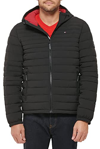 Tommy Hilfiger Men's Stretch Poly Hooded Packable Jacket, Black, M