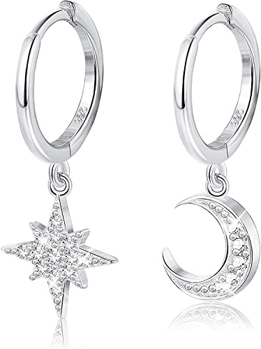 MILACOLATO Creolen Silber 925 Klein Ohrringe Damen Hängend Asymmetrische Ohrringe Stern Mond Baumeln Creolen Für Frauen Cz Tiny Knorpel Tropfen Huggie Ohrringe Silber