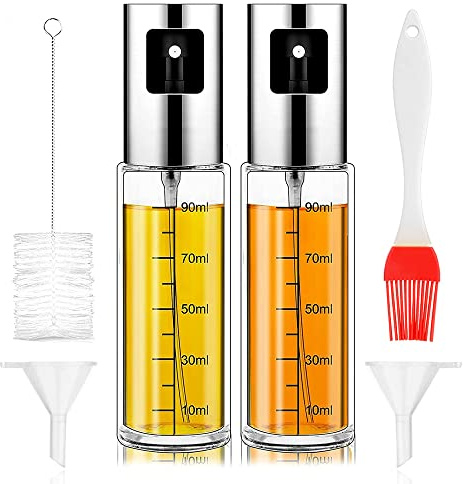 Generisch Ölsprüher 100ML - Olivenöl Glasflasche mit Bürste, 2er Pack, Ölsprüher-Set für Küche und Grill, Spülmaschinenfest, Ölzerstäuber mit Messmarkierung – Ideal für Heißluftfritteuse und Kochen