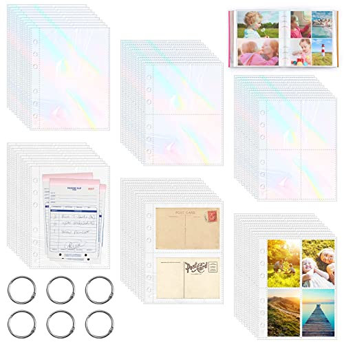 60Pcs Pochettes Transparente de Photo, Pochette pour Photos de 1/2/4 Compartiments, Pochette pour Cartes à Collectionner avec 6 Anneaux à Feuilles, Pochette pour Cartes Utilise une Conception au Laser