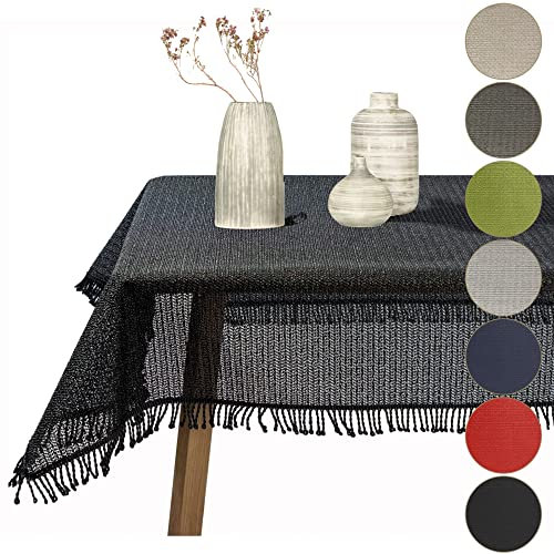 Gartentischdecke geschäumt eckig rund oval wetterfest rutschfeste Weichschaum Tischdecke abwaschbar Garten Balkon Outdoor Camping mit Fransen (Schwarz, Oval 160x220cm (BxL))