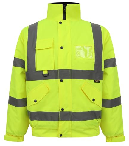 Grunge Wear® Hi Vis Viz Bomber Jacket High Visibility Workwear Safety Security Hooded Padded Water Resistant Taped Seams Work Wear Coat Top Plus Size S-2XL