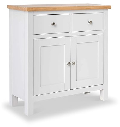 RoselandFurniture Farro White Mini Sideboard Cabinet for Living Room | Fully Assembled, 2 Door Cupboard with 2 Drawers and Oak Top, Painted Solid Wood Finish, Contemporary Style
