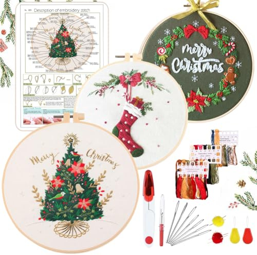 YINVA Stickerei Set Anfänger, Stickset Weihnachten, Kreuzstich-Kit Starter Tools Kit mit 2 Stück Kunststoff-Stickrahmen, Farbfäden und Werkzeuge, für DIY Kunst, Handwerk, Sticken