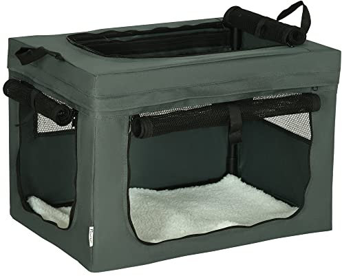 PawHut Hundetasche Hundebox mit Meshfenster, Katzentransportbox mit Kissen, Transportbox, Transporttasche für Hunde bis 4 kg, Oxford, Grau, 60 x 42 x 42 cm