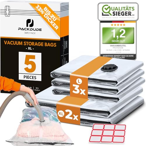 PACKDUDE Sacchi Sottovuoto Piumoni e Coperte I 100x80 + 80x60 I Sacchetti Sottovuoto Vestiti Grandi I Big Vacuum Storage Bags for Blankets and Duvets I Buste Salvaspazio per la Conservazione I 5 PEZZI