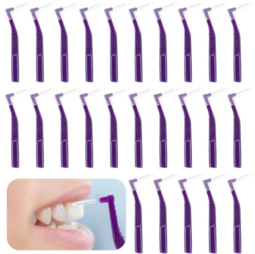Prasacco 25 Stück Interdentalbürsten, 1 mm L-Förmige Zahnzwischenraumbürsten Plastik Tragbarer Interdentalbürsten mit rutschfestem Griff für Zahnreinigung und Mundpflege (Lila)